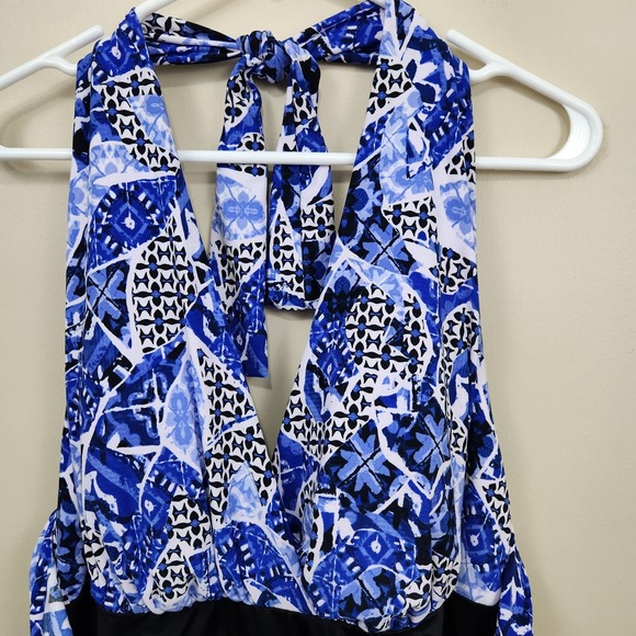 TRIMSHAPER Slimming Backless Deep V-Neck Halter Top Swimming Blue Black SZ 16W - Picture 1 of 10